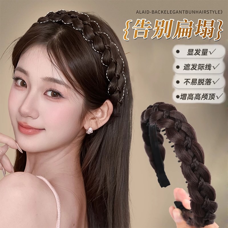 新品带梳齿高颅顶夹心鱼骨辫子发箍假发遮白发麻花复古防滑压发饰
