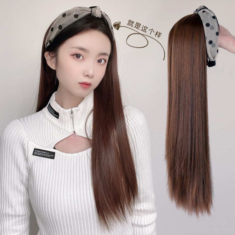 假发帽子一体网红时尚网纱发箍假发女长发韩版黑长直半头套假发帽