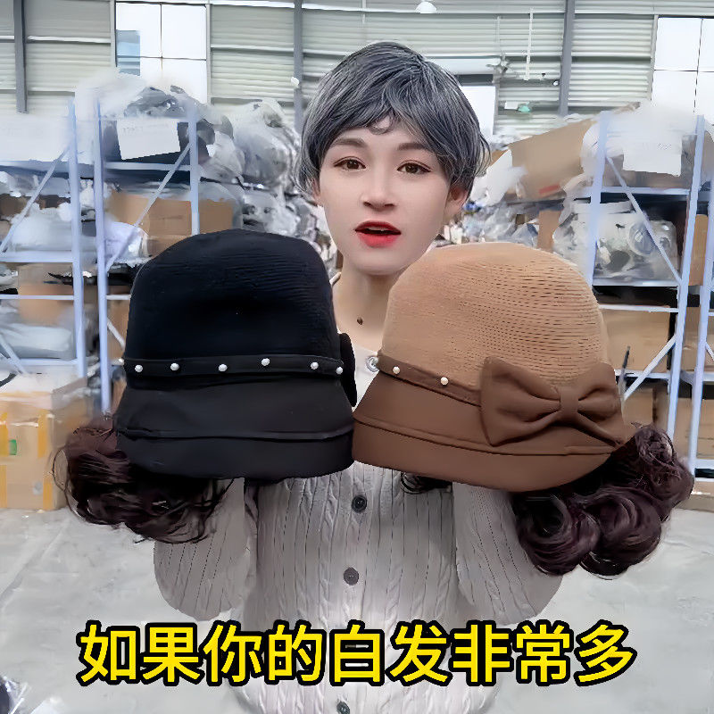 帽子假发一体女加厚蝴蝶结渔夫帽