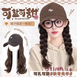 假发帽子一体女大波浪秋冬网红气质小狐狸棒球帽子带假头发全头套