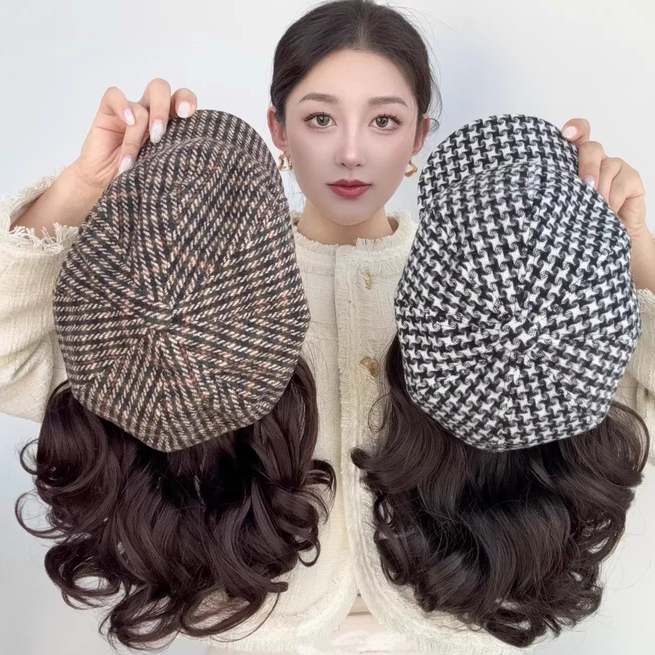 秋冬款帽子假发一体中老年妈妈款短卷发千鸟格八角帽慵懒假发帽子