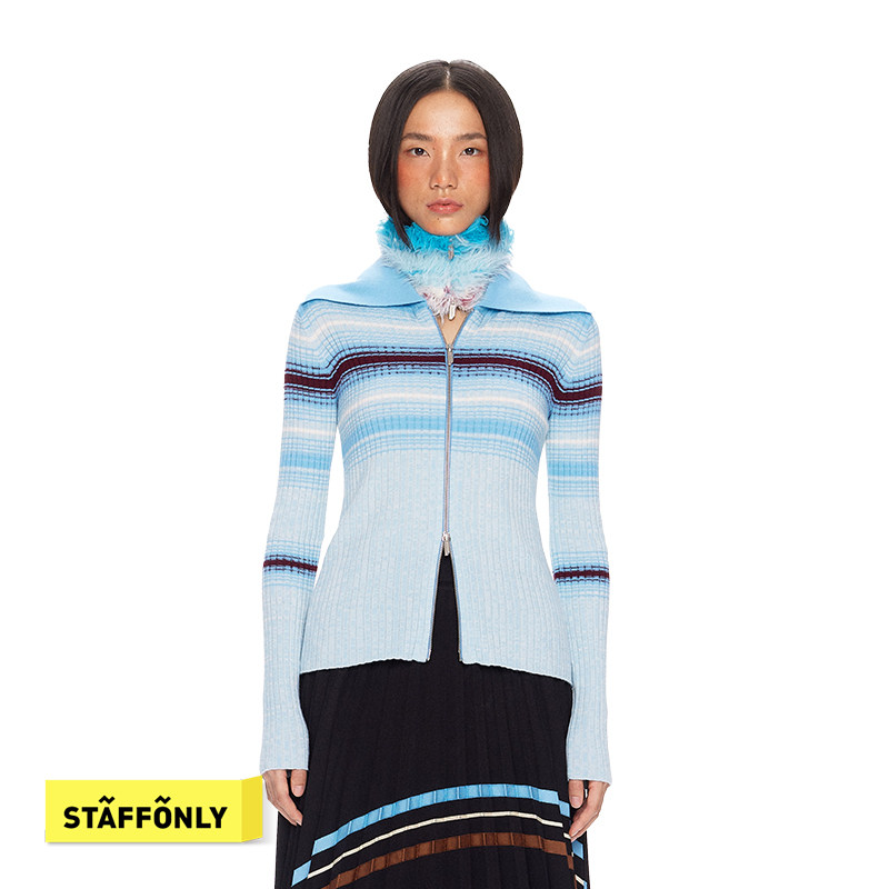 STAFFONLY 星轨旅人 女士浅蓝色渐变条纹毛衫设计款翻领百搭长袖