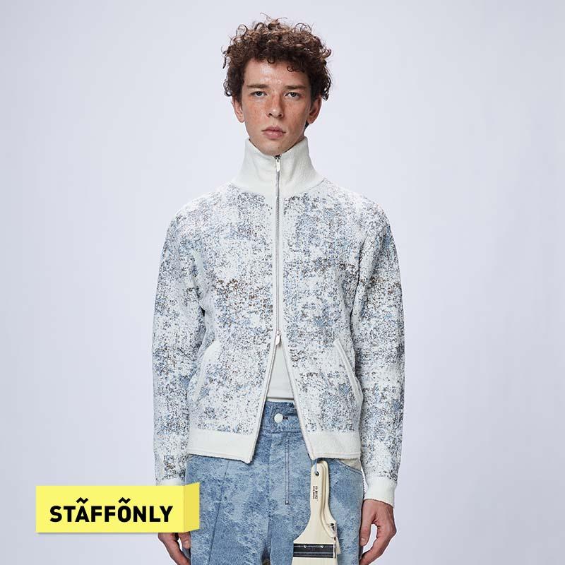 STAFFONLY 白色提花石纹针织开衫男女同款拉链毛衣春夏新品图片