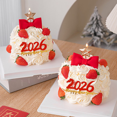 2026happy newyear马年蛋糕装饰亚克力跨年元旦草莓小甜品蝴蝶结