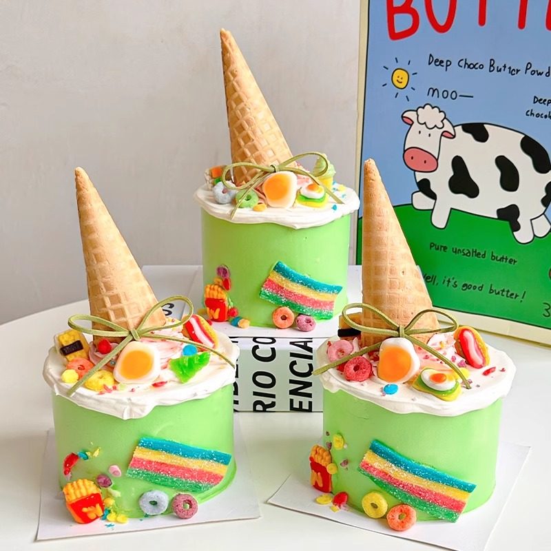 六一儿童节甜筒糖果蛋糕装饰薯条冰淇淋彩虹造型橡皮糖简约款蛋糕