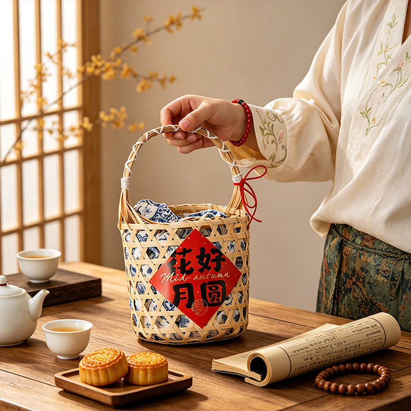 手工竹编礼盒提篮礼品篮藤编2026中秋月饼伴手礼鸡蛋篮子田园风格