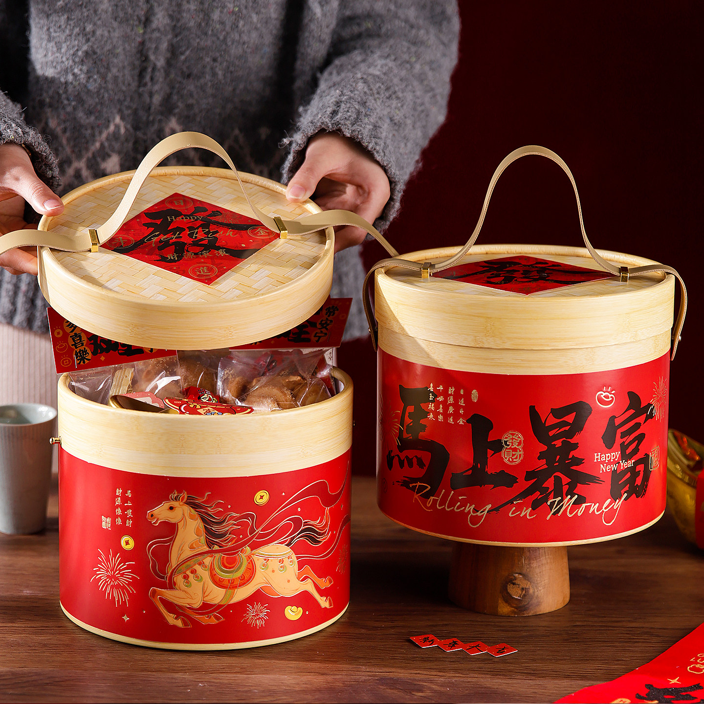 新年马年暴富糖果饼干礼盒包装盒高档手提圆桶礼物礼品盒空盒logo