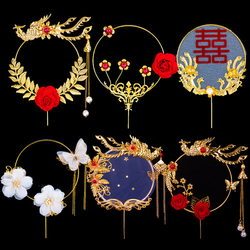 铁艺凤凰扇子生日蛋糕装饰插件复古花朵流苏插牌珍珠孔雀喜庆摆件