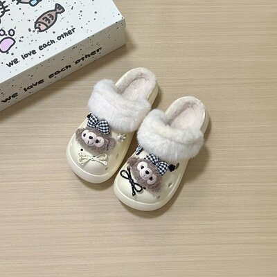 5.0cm加绒洞洞鞋女冬天外穿厚底增高毛拖鞋冬季室内居家保暖拖鞋