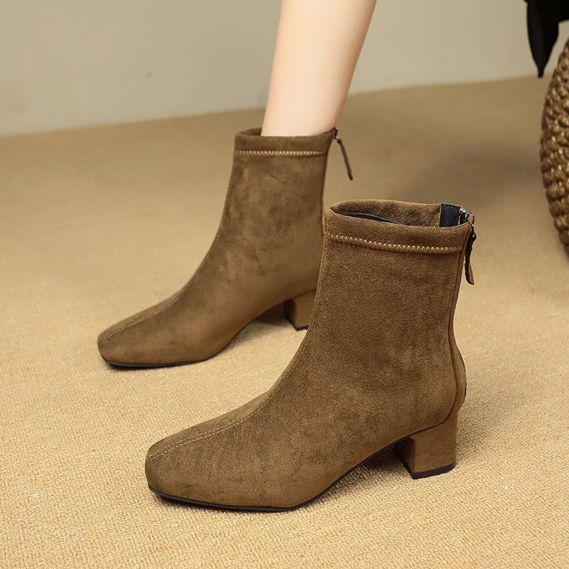 2025秋冬季女士百搭时尚短筒粗跟短靴新款洋气方头气质弹力马丁靴