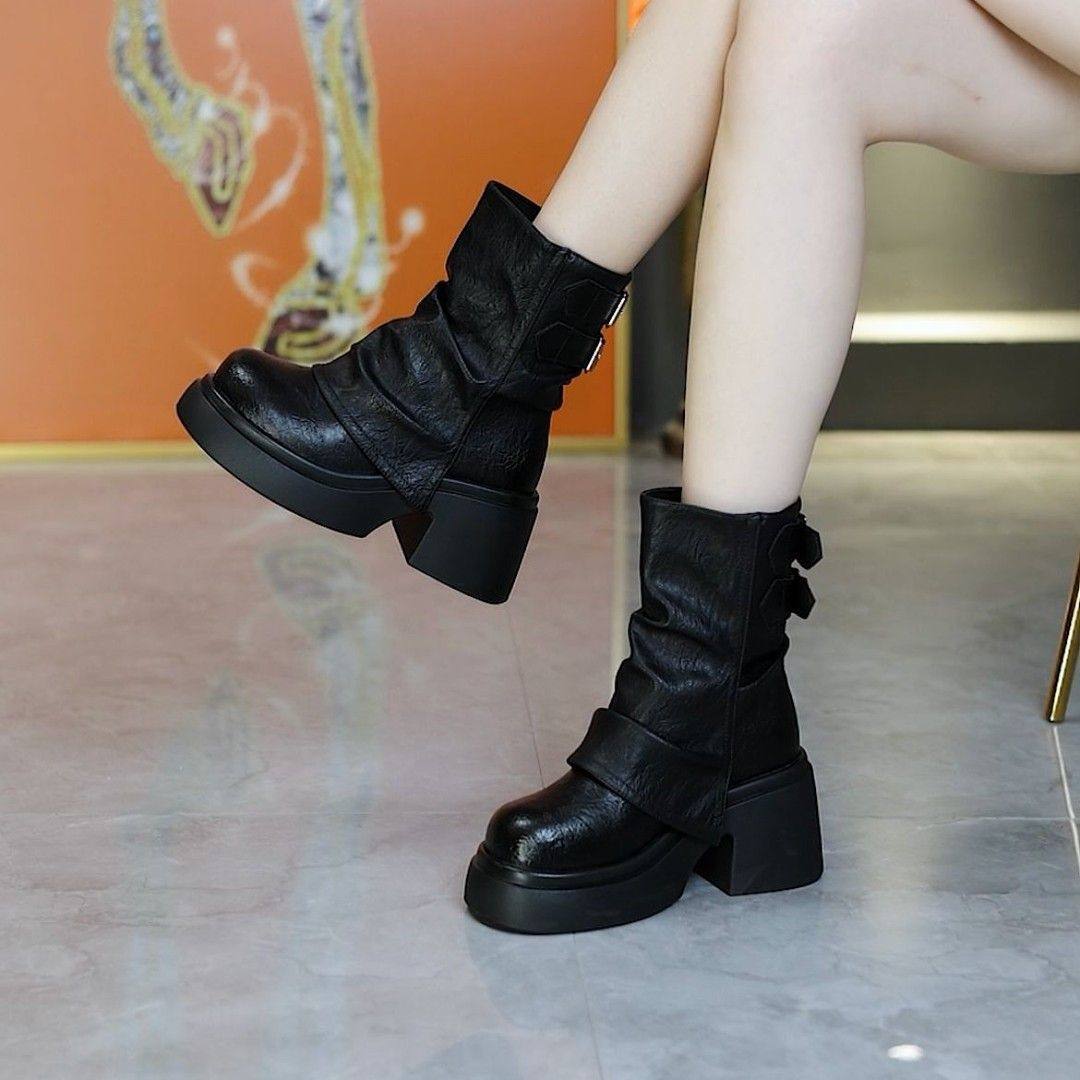 2026秋冬季新款时尚松糕厚底马丁靴百搭显瘦皮带扣堆堆裤管靴女靴,女鞋,马丁靴,淘宝优惠券,粉丝福利购,淘宝优惠卷