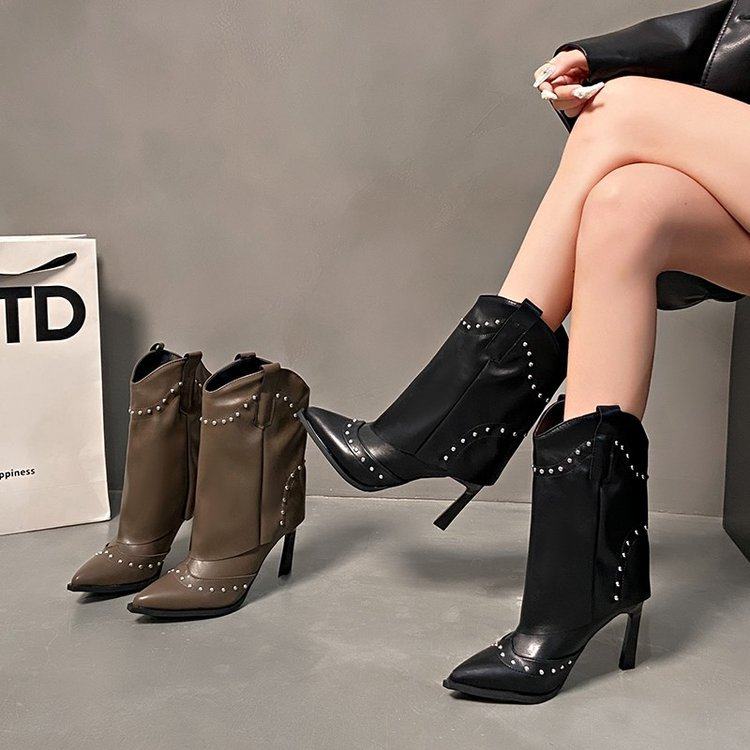 2026尖头时装靴女秋冬款西部牛仔靴高跟鞋细跟中筒短靴铆钉裤管靴,女鞋,时装靴,淘宝优惠券,粉丝福利购,淘宝优惠卷