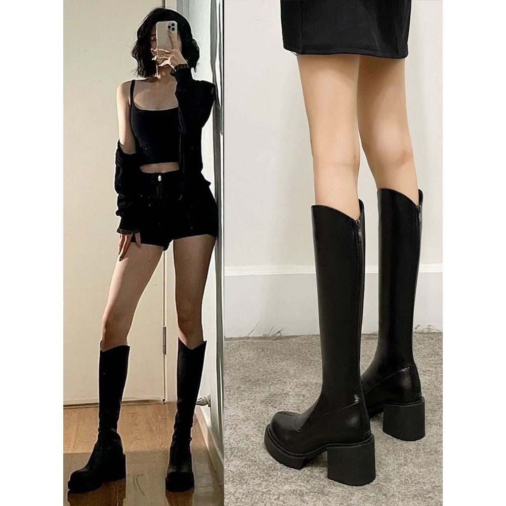2026高跟长筒靴女不过膝秋冬新款厚底粗跟V口骑士靴瘦瘦靴棕色靴,女鞋,骑士靴,淘宝优惠券,粉丝福利购,淘宝优惠卷
