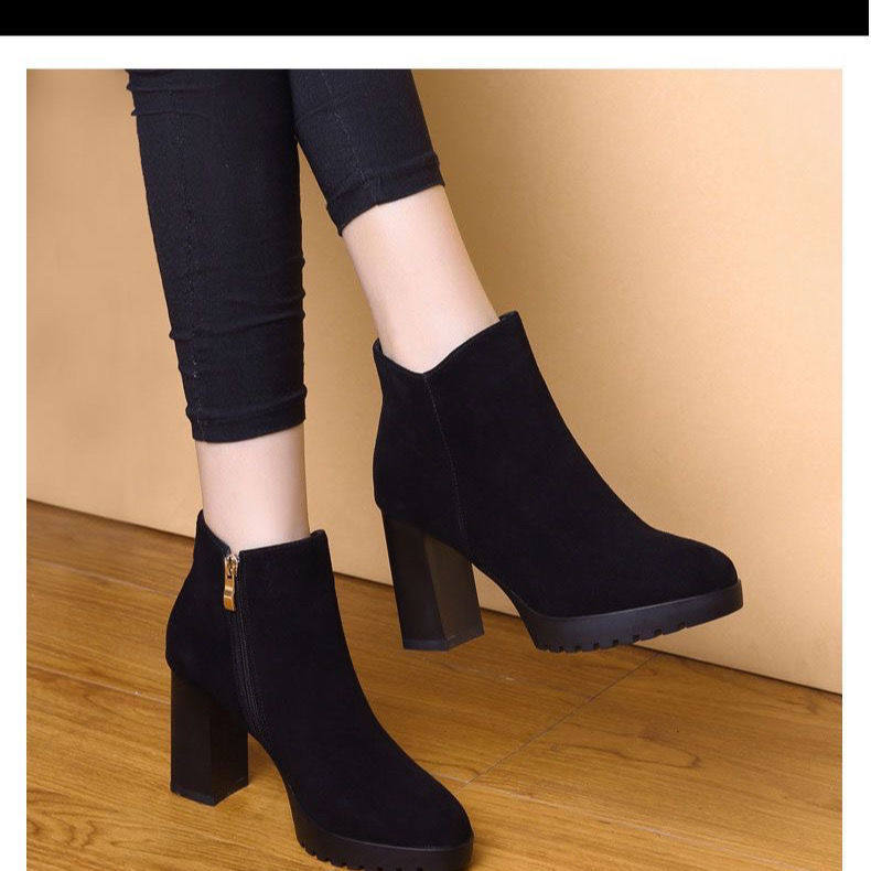2026冬天高跟鞋女新款粗跟加绒棉鞋厚底磨砂小个子短靴韩版马丁靴,女鞋,时装靴,淘宝优惠券,粉丝福利购,淘宝优惠卷