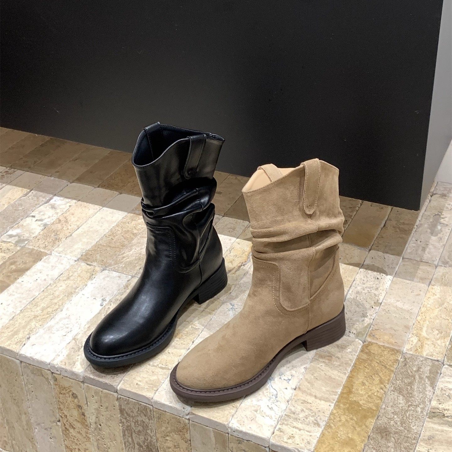 2026厚底V口显瘦中筒靴女鞋春秋季单靴西部牛仔堆堆短靴马丁靴子,女鞋,时装靴,淘宝优惠券,粉丝福利购,淘宝优惠卷
