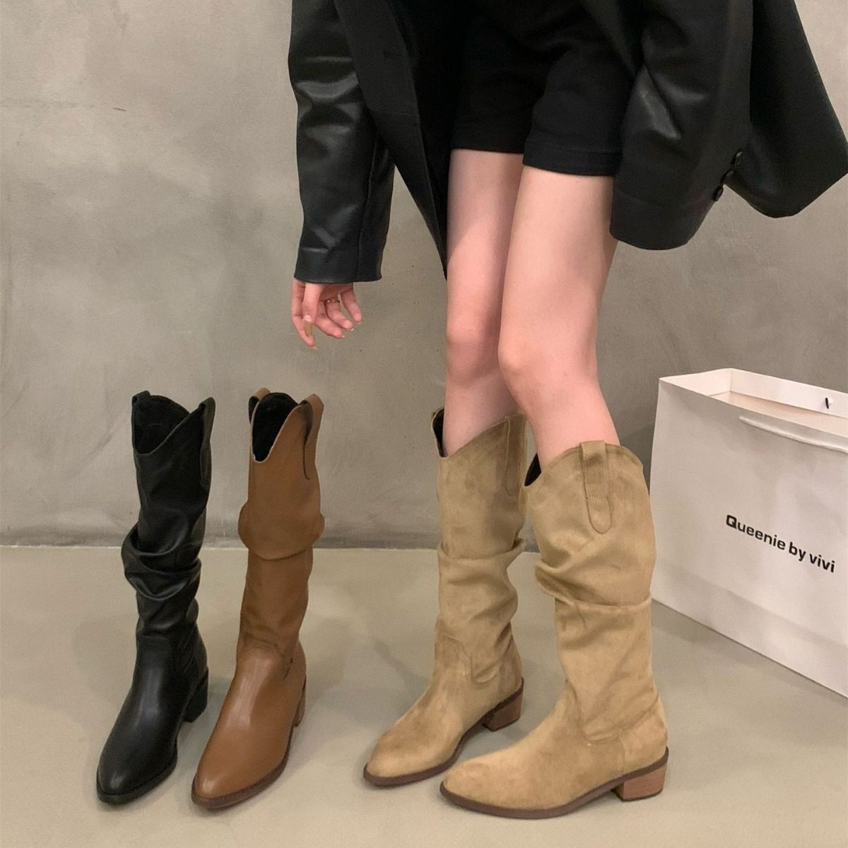 2026粗跟复古棕色V口堆堆高筒长靴女鞋秋季尖头西部牛仔长筒靴子,女鞋,骑士靴,淘宝优惠券,粉丝福利购,淘宝优惠卷