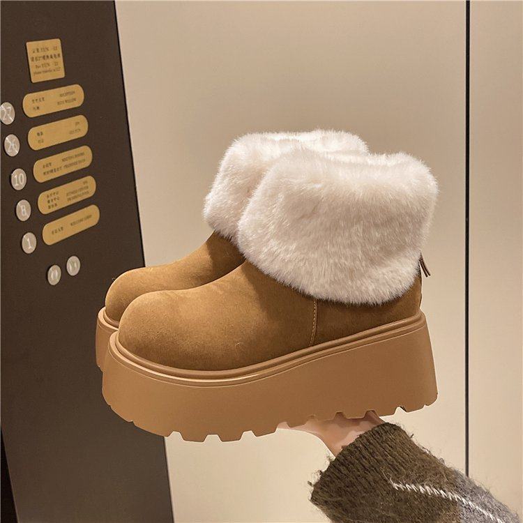 2026增高厚底翻领毛毛雪地靴女冬季新款加绒加厚洋气棉鞋短筒靴子