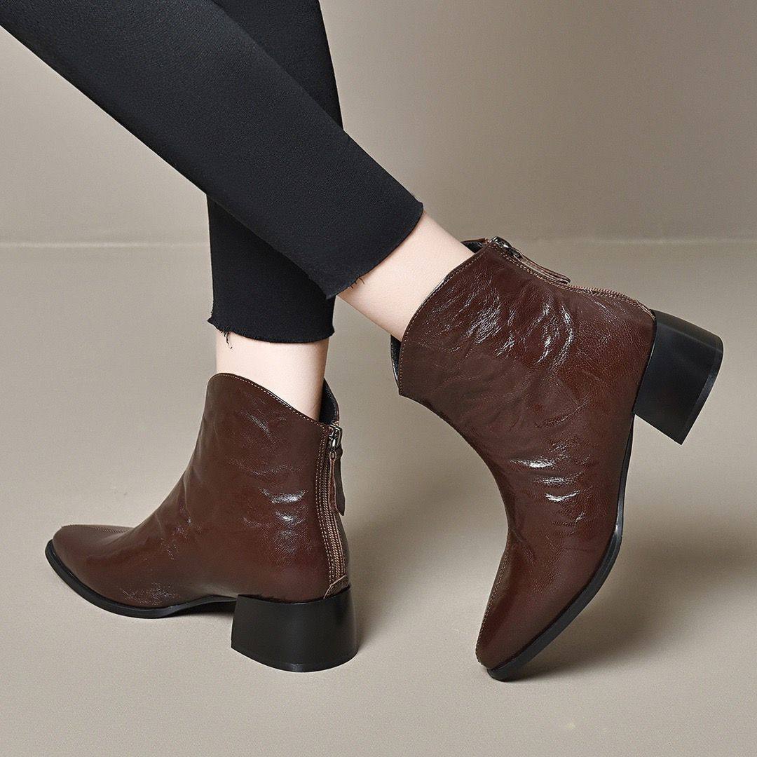 2026秋冬头层软皮洋气尖头粗跟女鞋时尚气质百搭高跟马丁靴男,女鞋,时装靴,淘宝优惠券,粉丝福利购,淘宝优惠卷