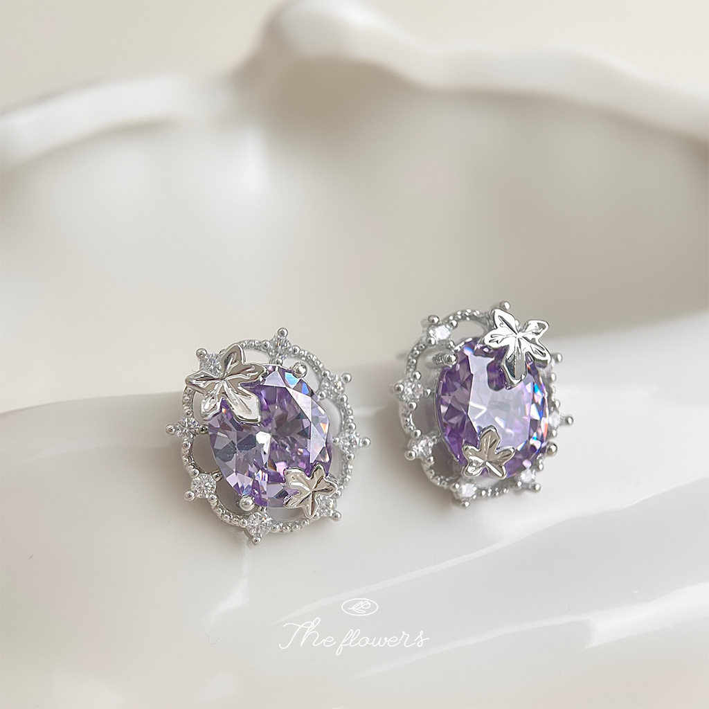 实物很闪很美！镶嵌紫锆石百搭几何森系超仙甜美耳饰女轻奢风耳钉