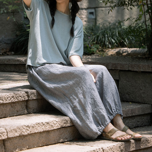 灑脫 封面是花 亞麻色織 松緊腰 闊腿褲