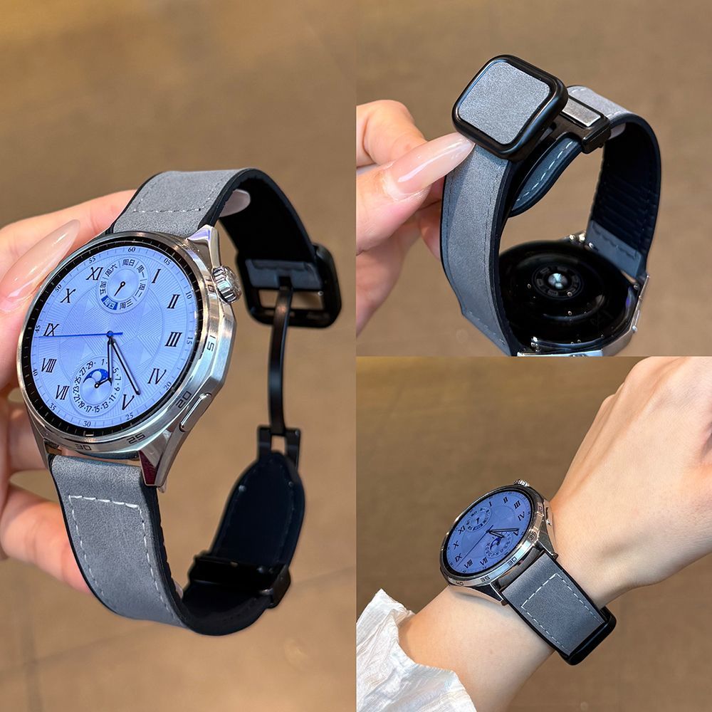 适用Amazfit华米gtr4表带gts2疯马皮纹GTR3腕带pop跃我2e方扣磁吸