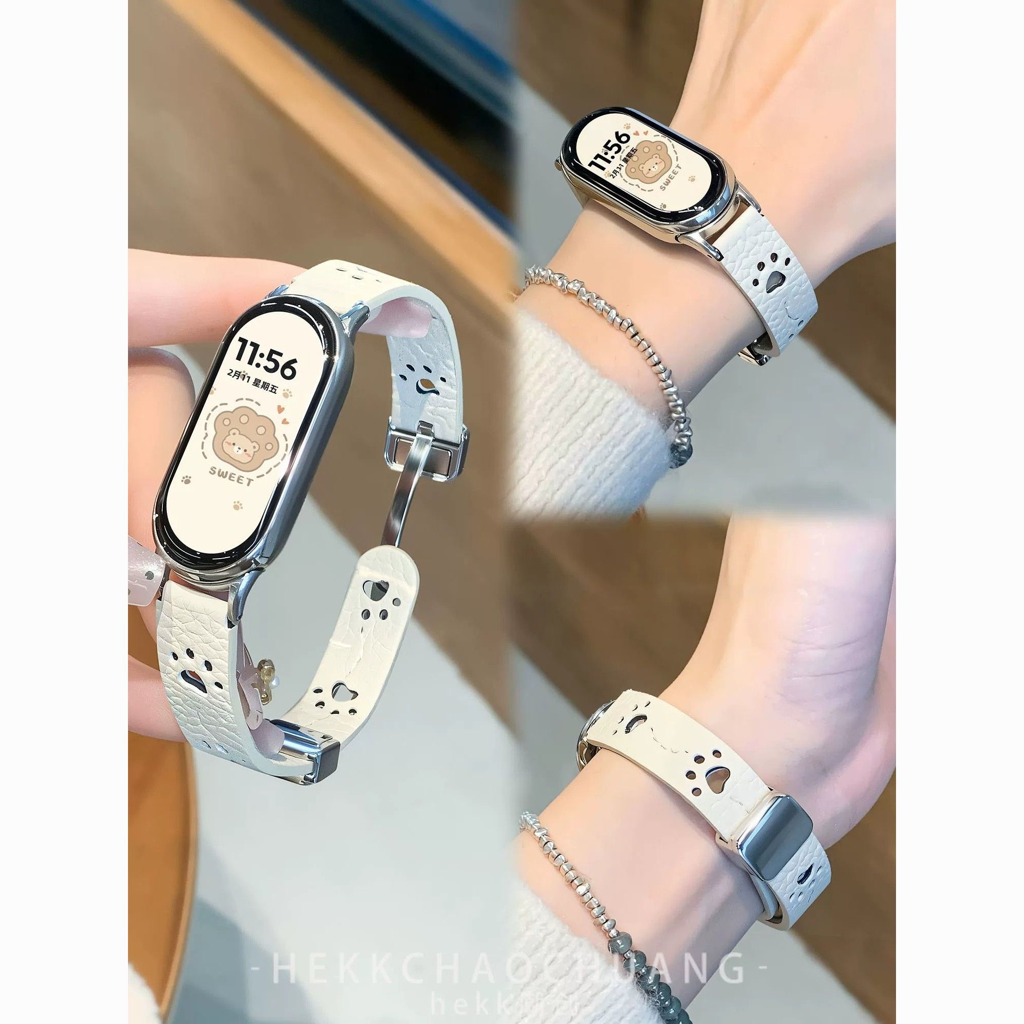 适用小米手环11表带可爱猫爪皮质磁吸小米10/9/NFC表带透气8腕带