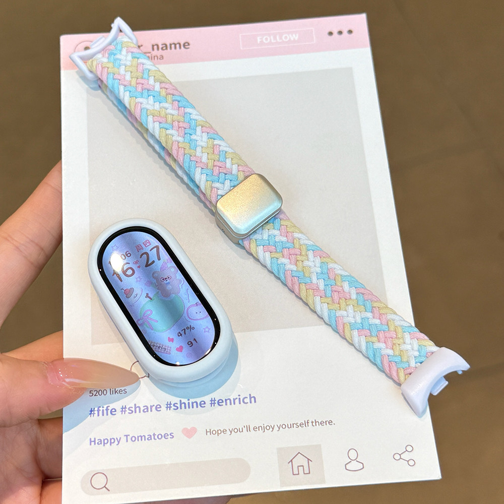 适用小米手环10/9/8表带多巴胺编织缤纷彩虹陶瓷版通用磁吸手表带