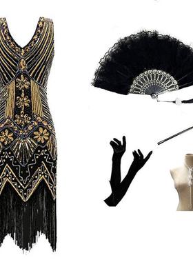 1920S复古亮片钉珠连衣裙跨境爆款前后深v领时尚潮流流苏晚礼服装