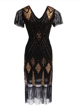 1920S复古风亮片钉珠连衣裙v领 时尚流苏礼服 速卖通亚马逊wish