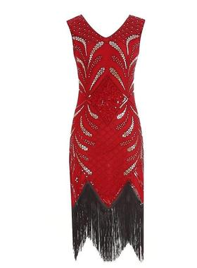 亚马逊跨境1920S复古亮片钉珠流苏裙 V领无袖晚宴聚会礼服连衣裙