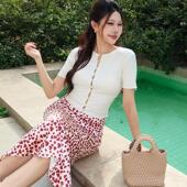 珍珠镂空法式 针织开衫 修身 LilyRose野玫瑰 短上衣性感白色短袖 t恤