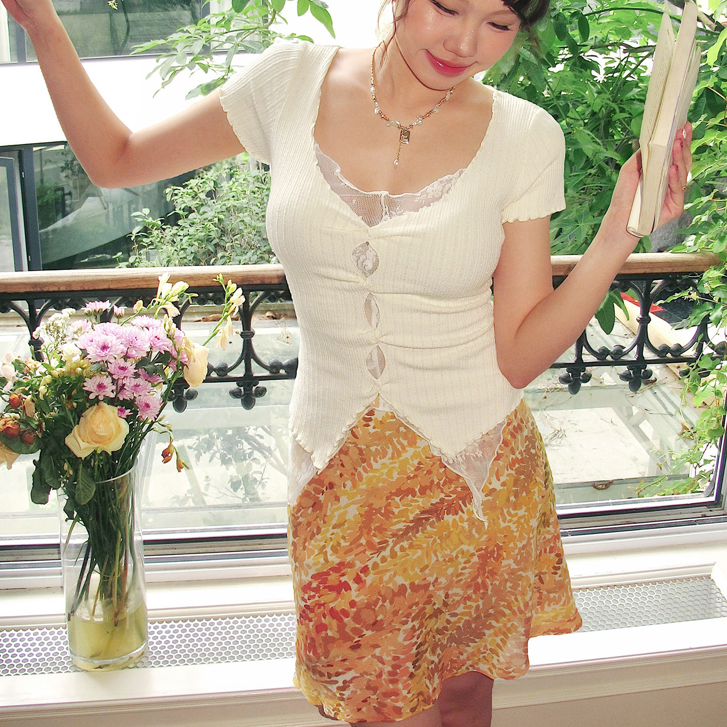 Lily Rose野玫瑰 假两件蕾丝拼接短袖T恤女白色针织修身性感上衣
