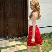 复古红色碎花半身裙高腰显瘦小个子a字短裙 法式 Lily Rose野玫瑰