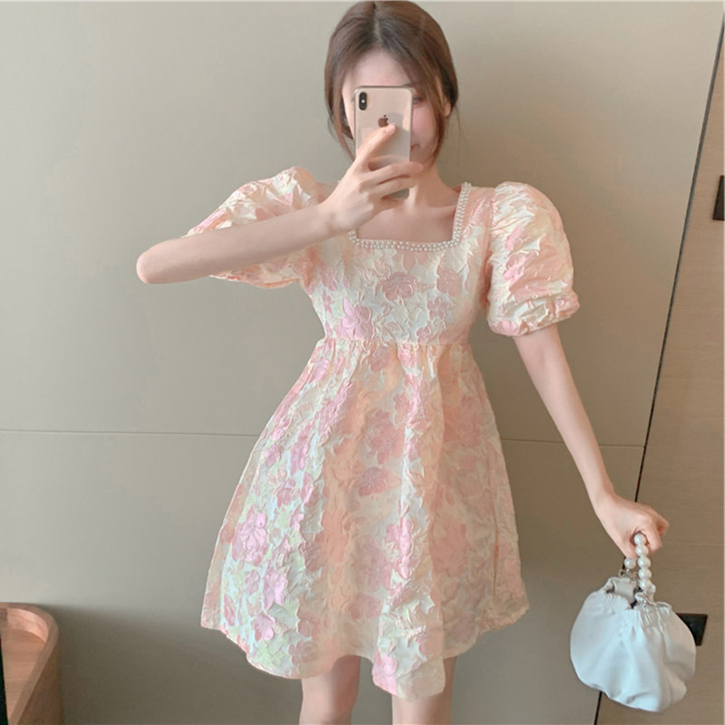 法式复古提花粉色花纹方领连衣娃娃裙夏季甜美泡泡袖小个子蓬蓬裙