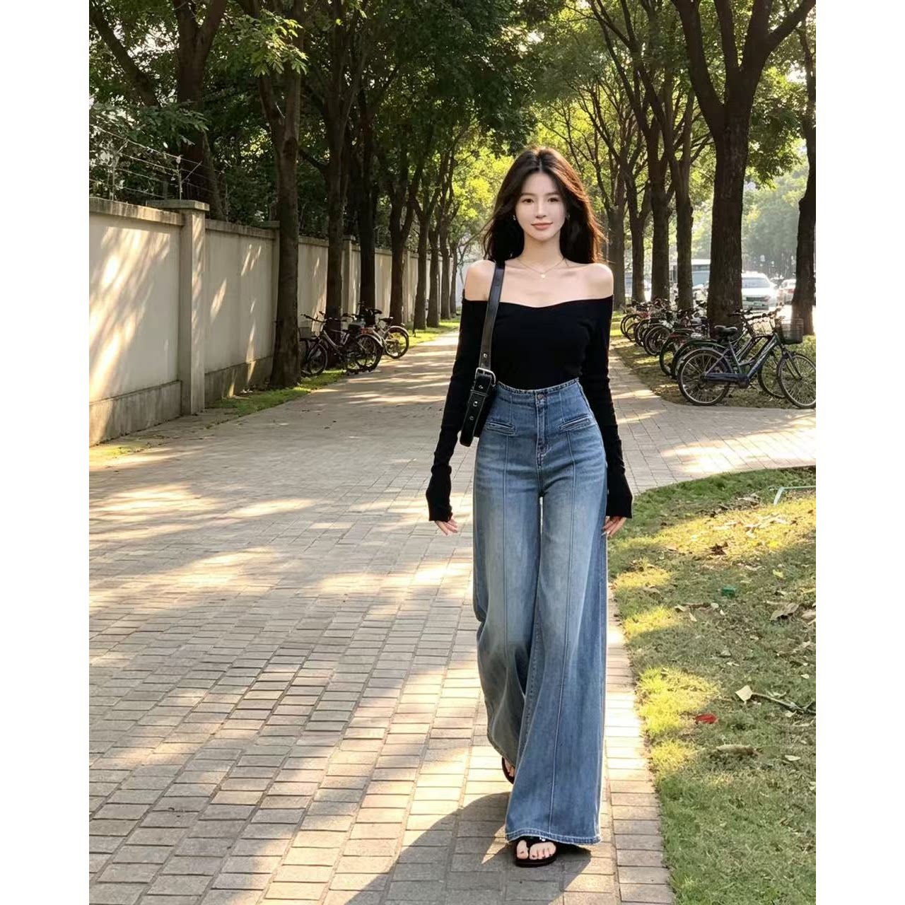 高腰大裤脚阔腿牛仔裤女2025夏季松弛感宽松显瘦日常通勤百搭长裤
