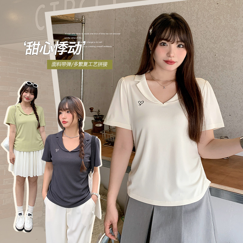 正肩泡泡袖显瘦V领t恤女夏季胖mm大码收腰缩褶短袖刺绣上衣62876
