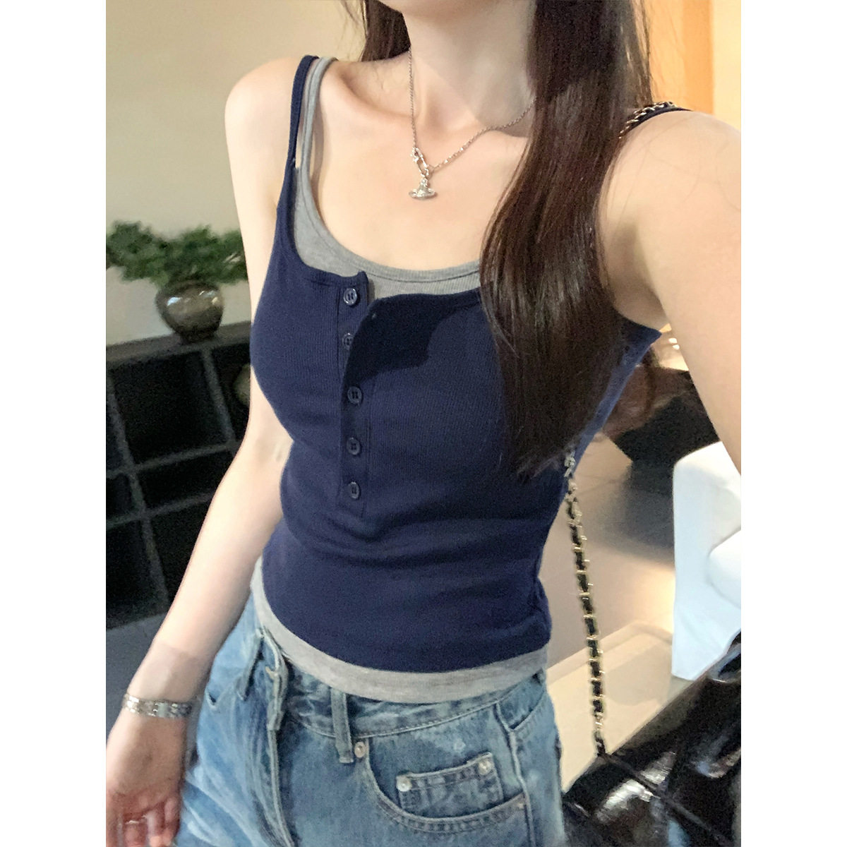 美式抹胸假两件小吊带背心女夏季外穿带胸垫内搭美背撞色短款上衣