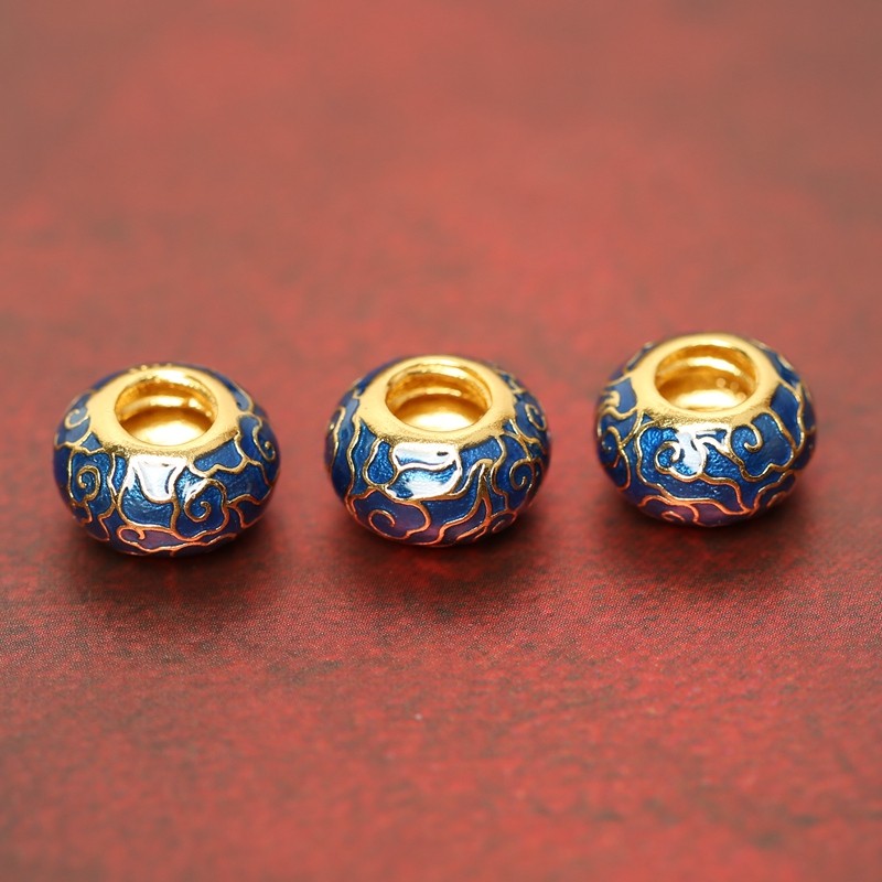 925银镀金古法烧蓝面包珠路路通大孔隔珠珐琅景泰蓝转运珠材料