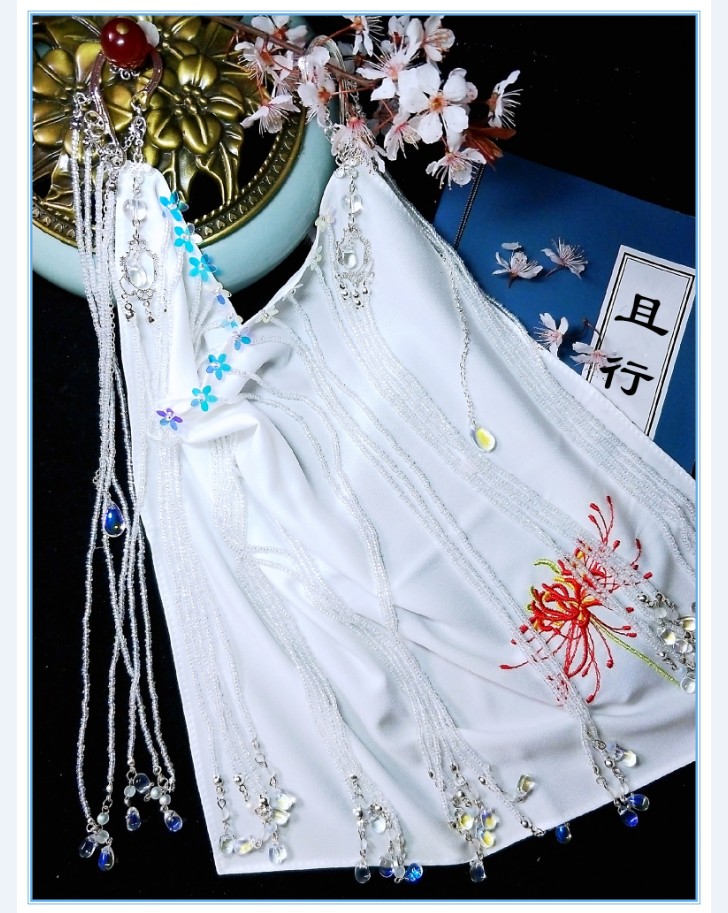 且行 古风流苏面纱彼岸花仿真丝面帘汉服脸饰超仙蒙面遮脸cos古装