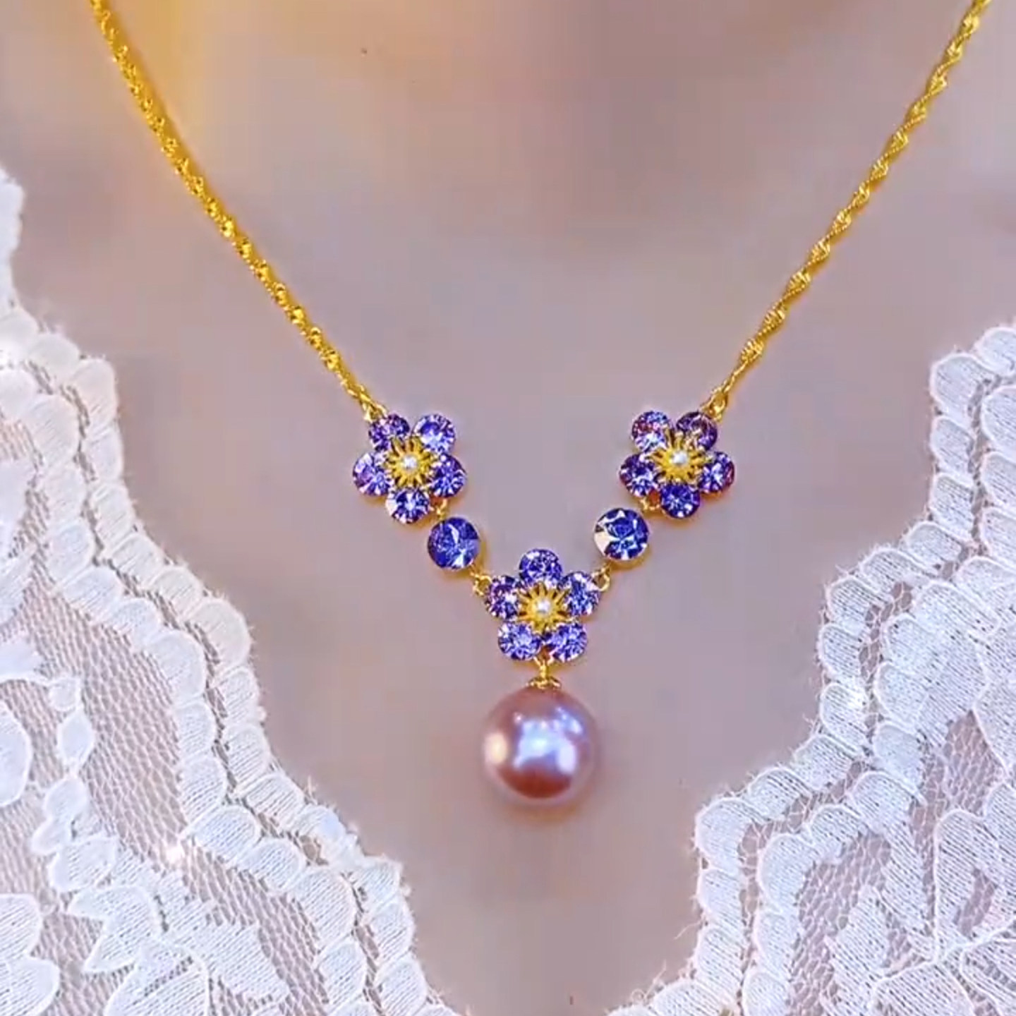 复古紫锆石花朵珍珠项链女轻奢