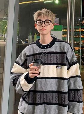 撞色条纹学院风圆领毛衣男冬季美式复古慵懒风针织衫宽松保暖外套