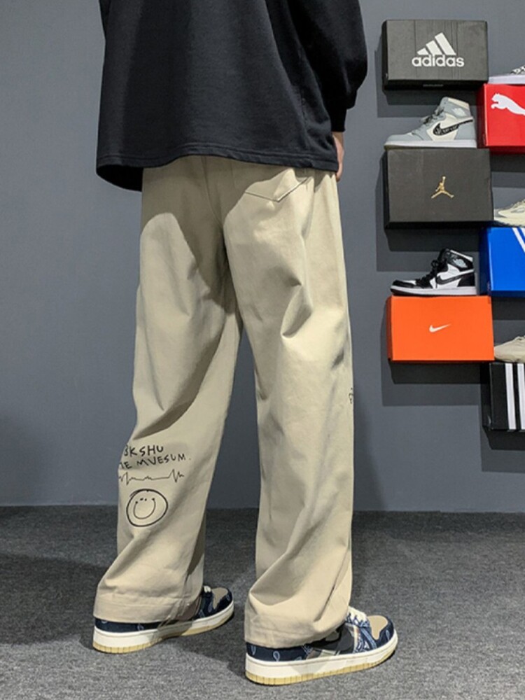 일본 낙서 작업복 남성 여름 얇은 유행 브랜드 지방 대형 캐주얼 바지 스트레이트 루즈 와이드 레그 팬츠