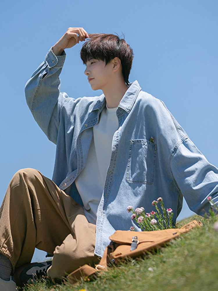 日系牛仔衬衫男高级感痞帅休闲外套春秋季oversize慵懒风百搭衬衣