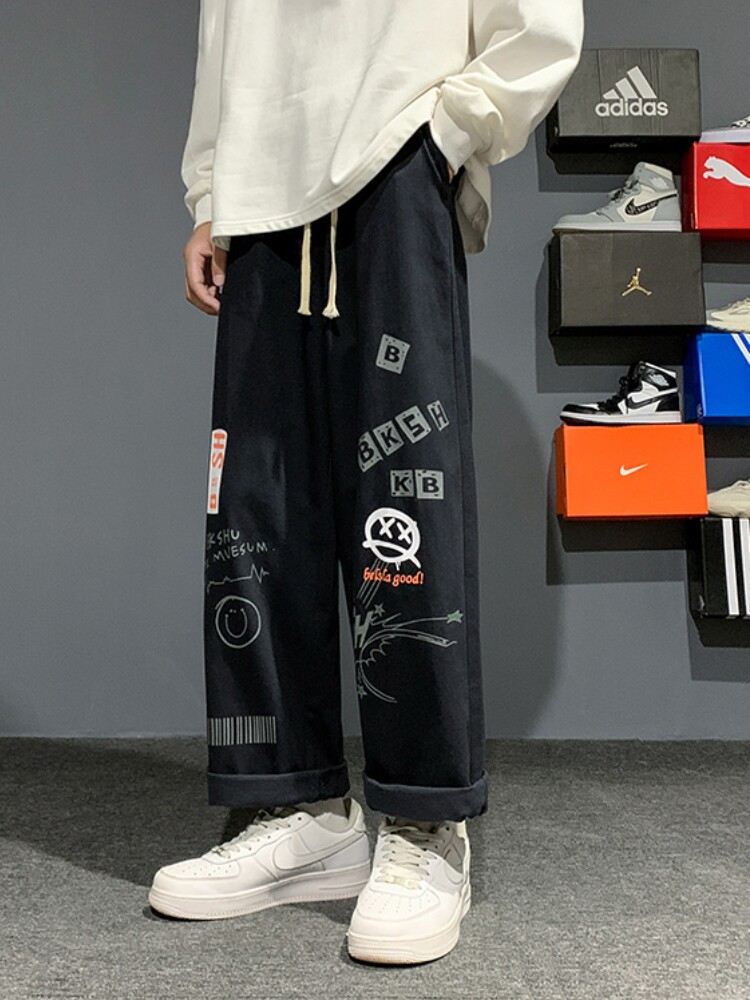 일본 낙서 작업복 남성 여름 얇은 유행 브랜드 지방 대형 캐주얼 바지 스트레이트 루즈 와이드 레그 팬츠