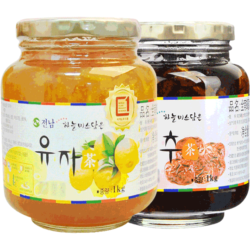 韩国进口全南蜂蜜柚子茶1kg+蜂蜜红枣茶1kg组合罐装水果茶冲饮品