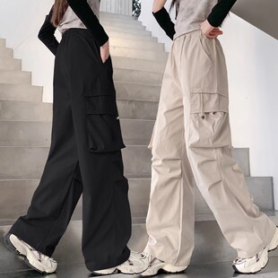 女童工装裤春秋款2025新款儿童秋装运动裤大童秋季纯色直筒阔腿裤