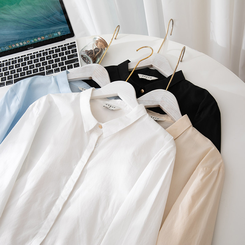 金属扣小方领纯棉衬衫女长袖2024春季新款休闲短款显瘦OL打底衬衣