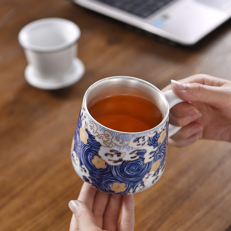 陶瓷鎏银个人水杯过滤带盖中式银水杯办公室泡花茶杯子喝茶水杯