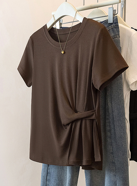 实拍大码女装2025春夏新款法式收腰小众别致简约圆领短袖T恤上衣