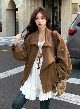 麂皮绒机车外套秋季复古美拉德休闲宽松慵懒翻领廓形感夹克女